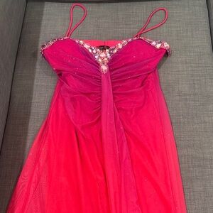 Vintage Pink and Red Gown with Embellished Neckline Prom Dress